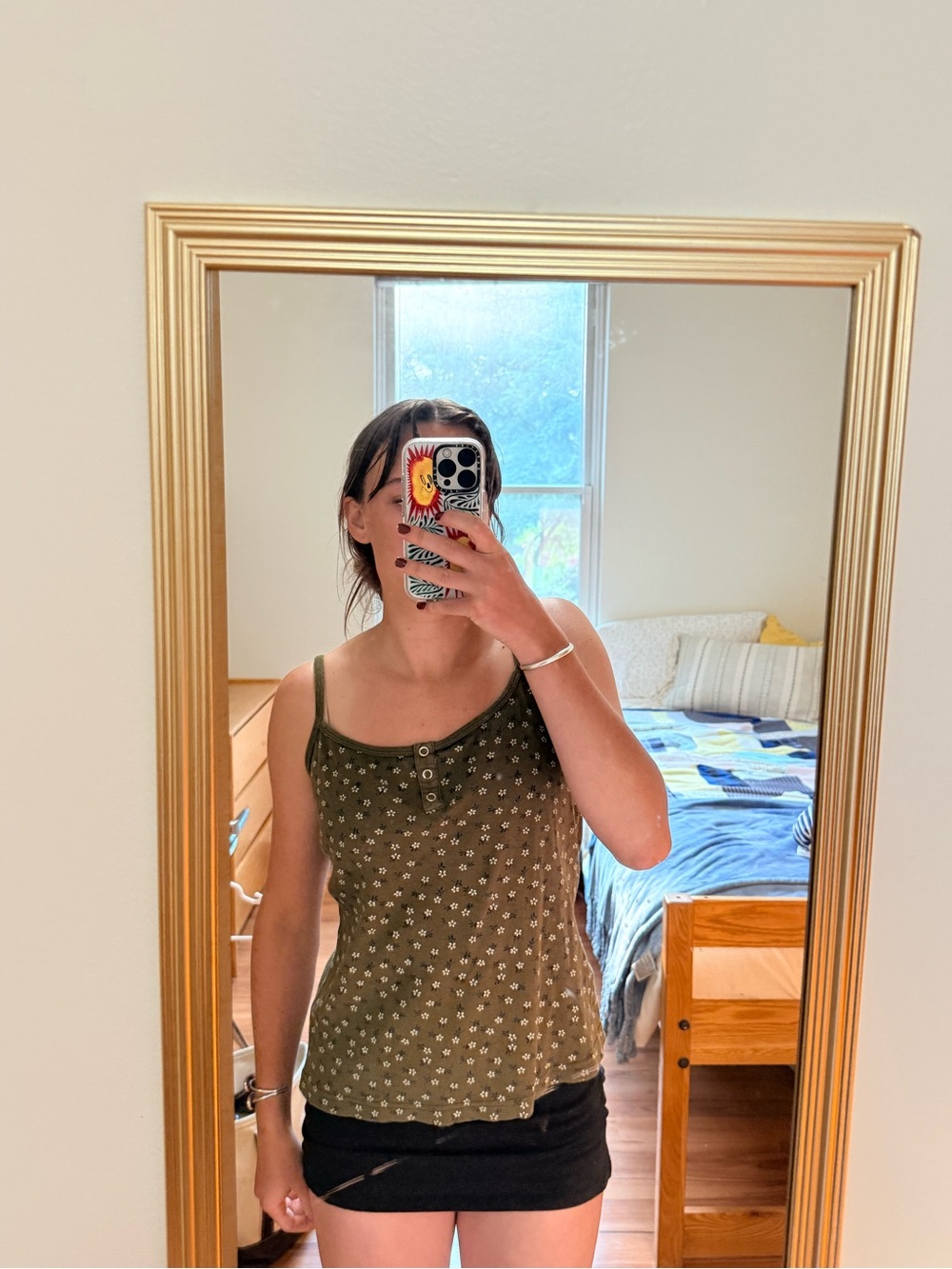 Olive Green Floral Spaghetti Strap Tank Top